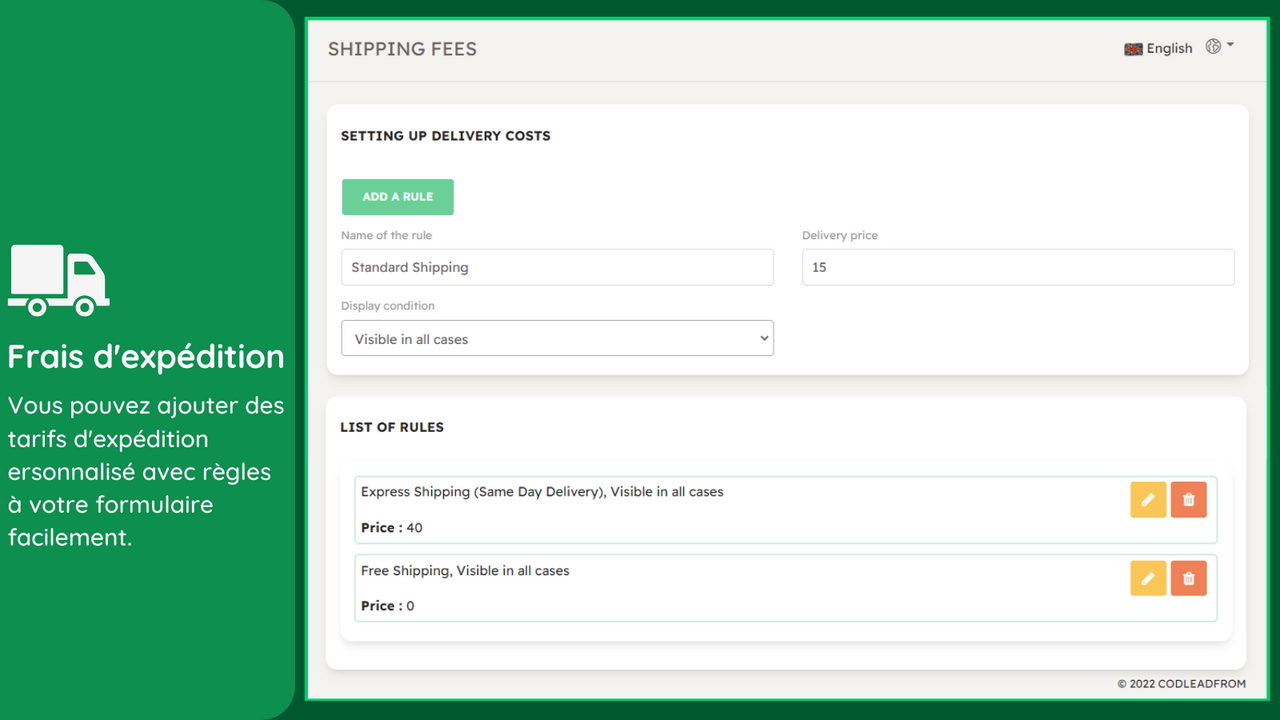 Codleadform COD Order Form - Frais D'expedition