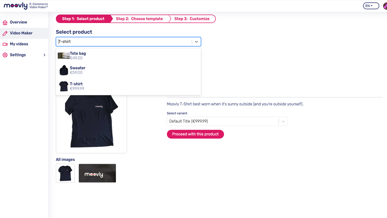 All your Shopify products are listed. Pick one to create a video