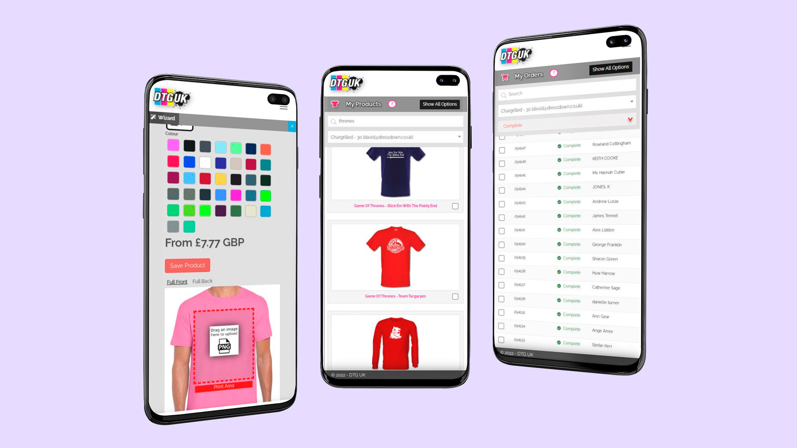DTGUK- Add products, manage garments, select orders