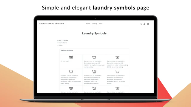 Página de símbolos de cuidados com o produto Shopify