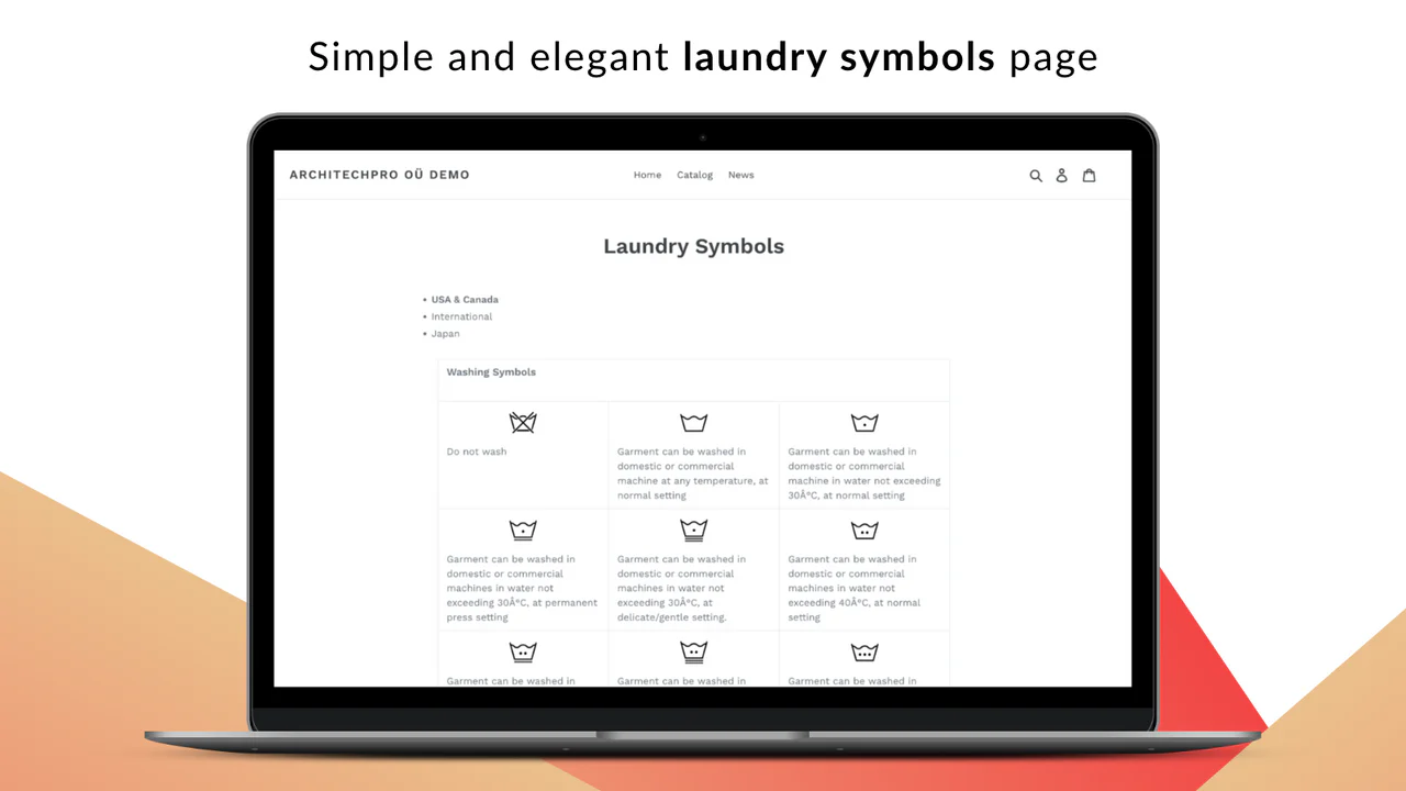 Shopify product care symbols page