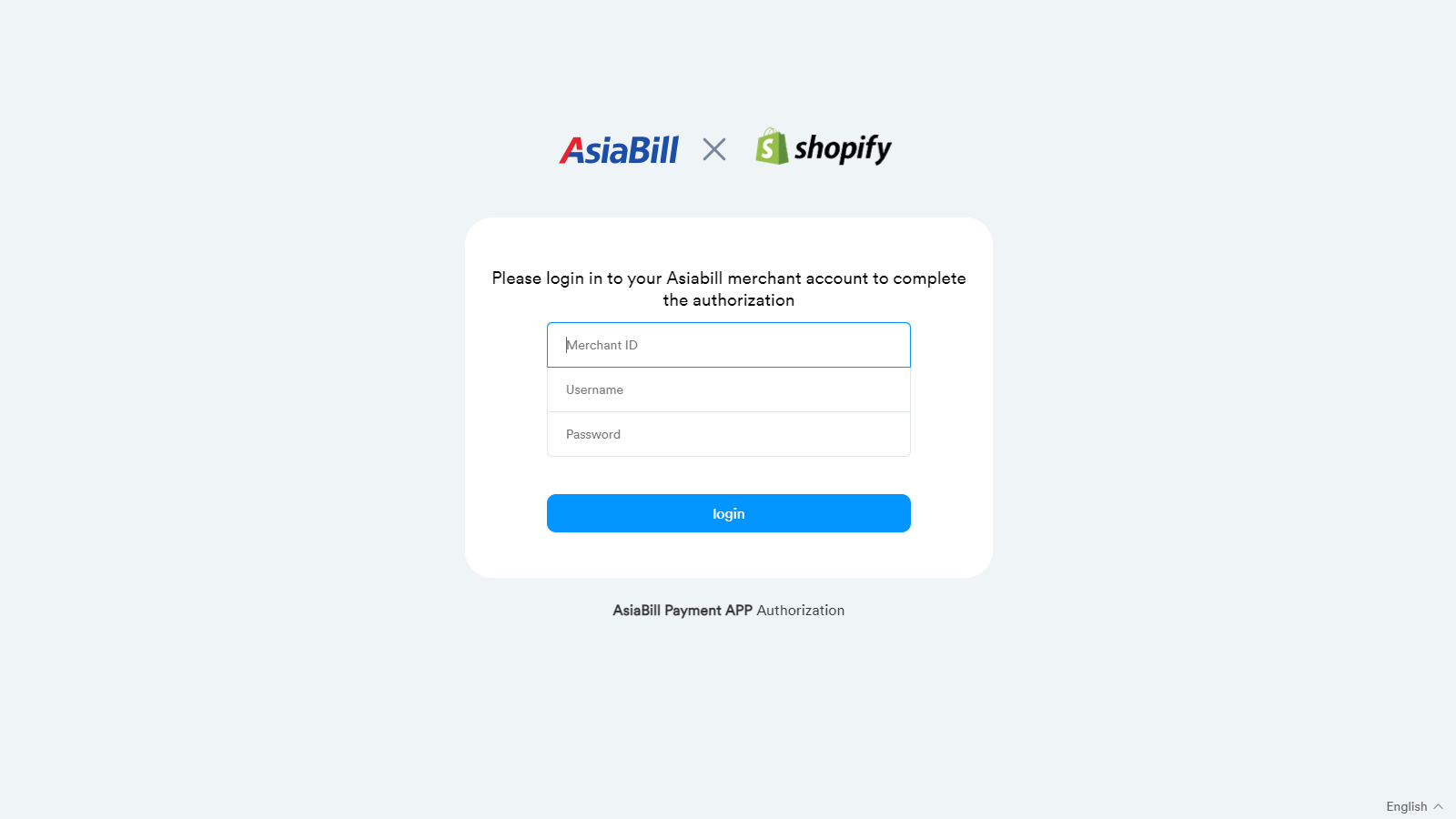 Faça login no portal do comerciante Asiabill para completar a autorização