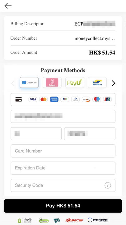 Payment page on mobile device.