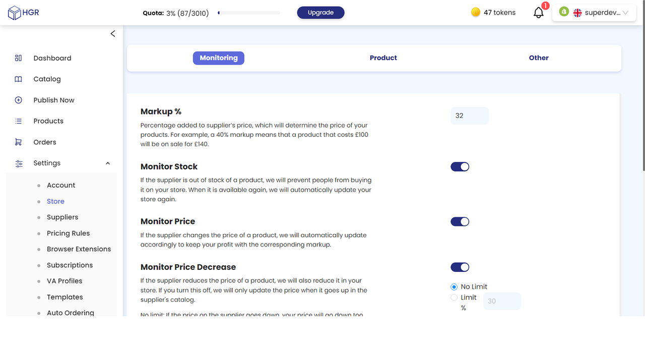 Configure suas preferências de venda para nós monitorarmos