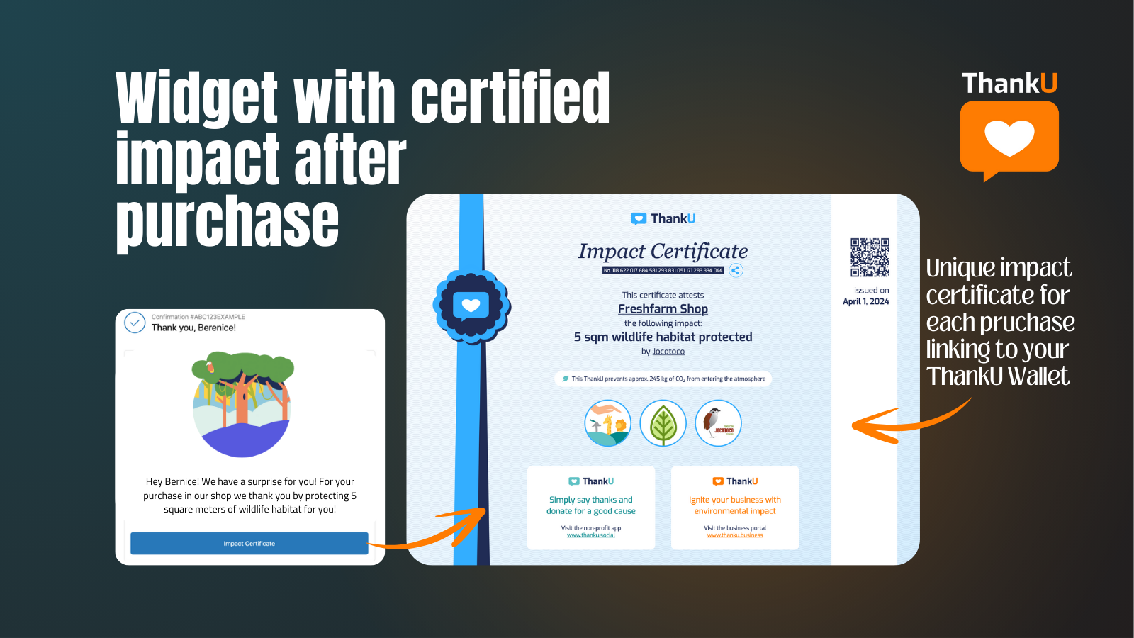 Widget de impacto e certificado de impacto para os clientes.