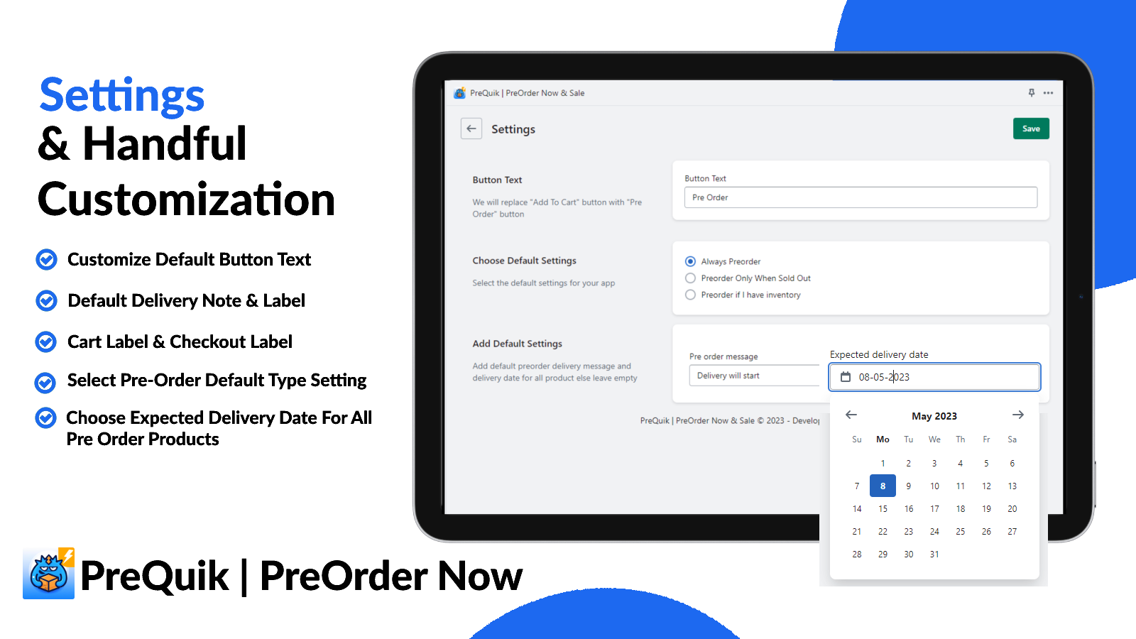 Configuración predeterminada de presale & Personalización