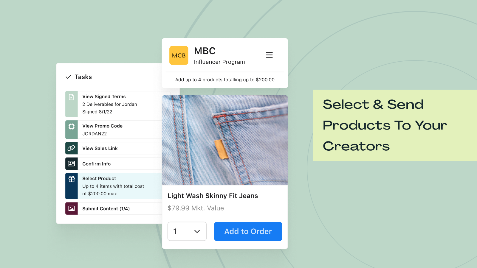 Select & send products to your creators
