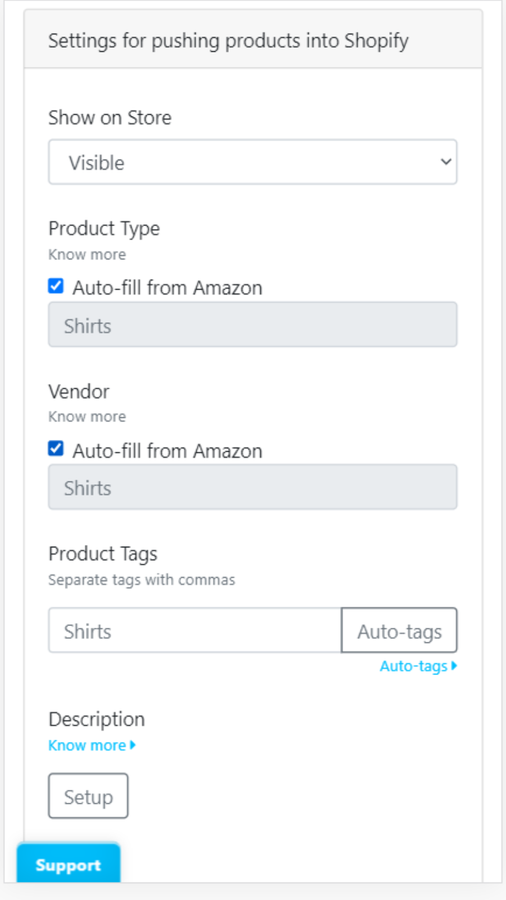 Configurações de importação da Amazon