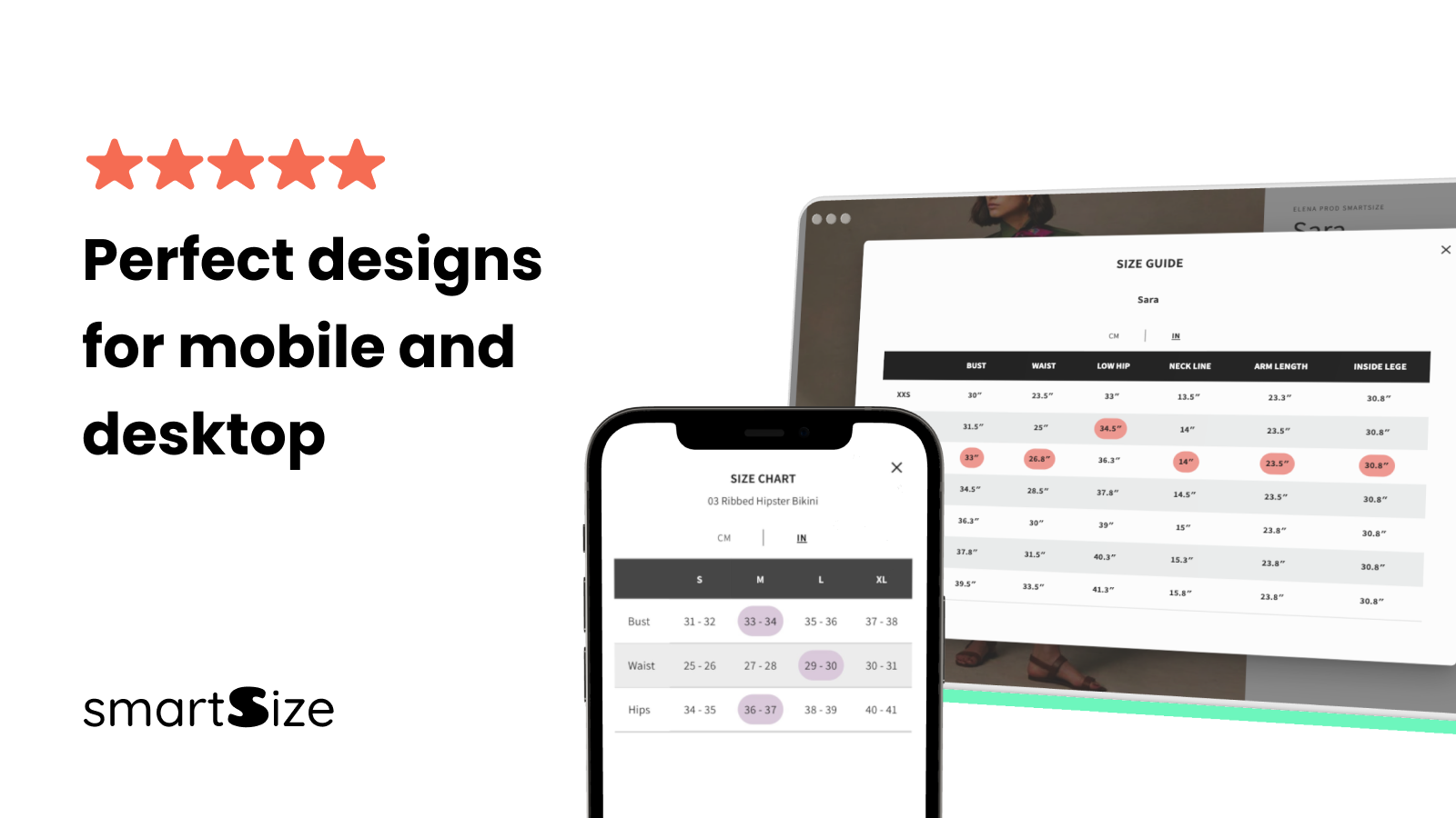 Size charts for mobile and desktop