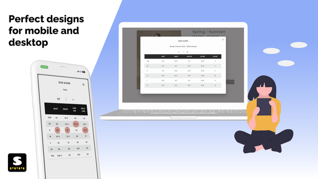 Size charts for mobile and desktop