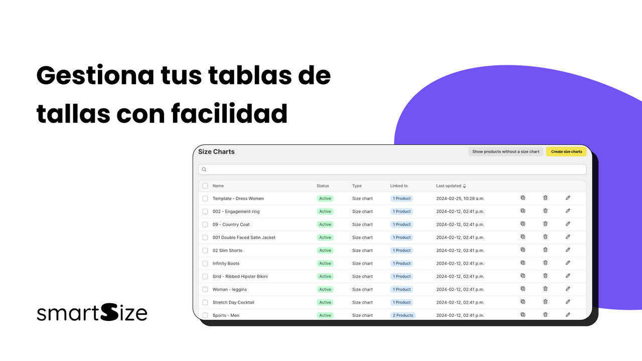 Gestiona tus tablas de tallas fácilmente.