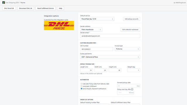 Opciones de la aplicación DHL