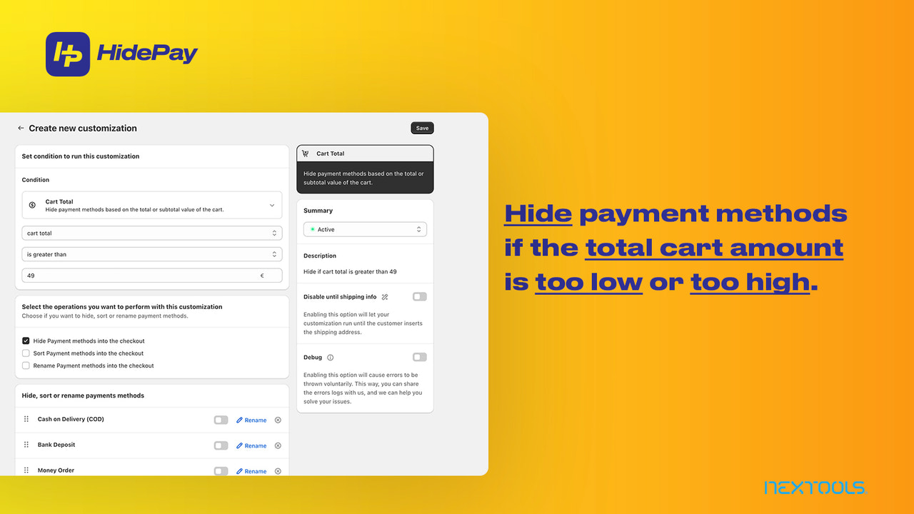 HidePay_Ocultar, Organizar e renomear métodos de pagamento