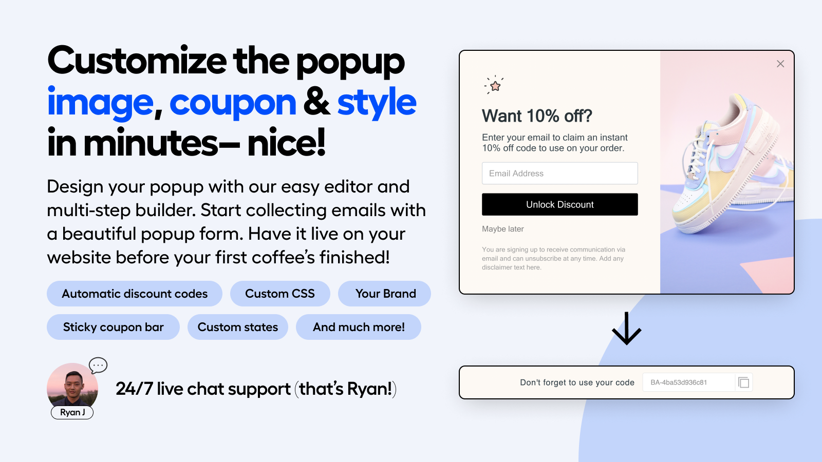 Personnalisez l'image du popup, le coupon et le style en quelques minutes - yay!