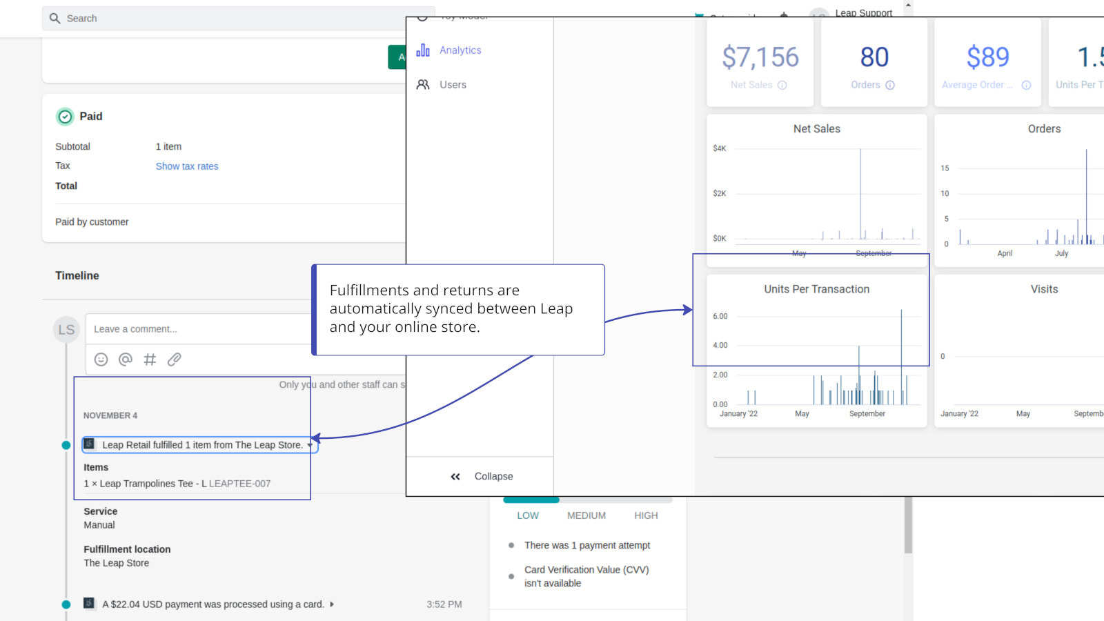 Una imagen que muestra las actualizaciones de pedidos sincronizadas desde Leap