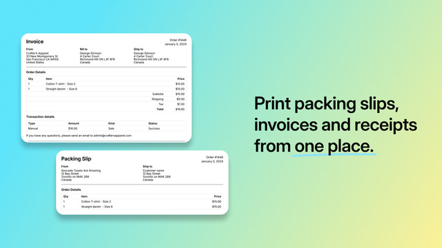 Imprima notas de embalagem, faturas e recibos de um único lugar