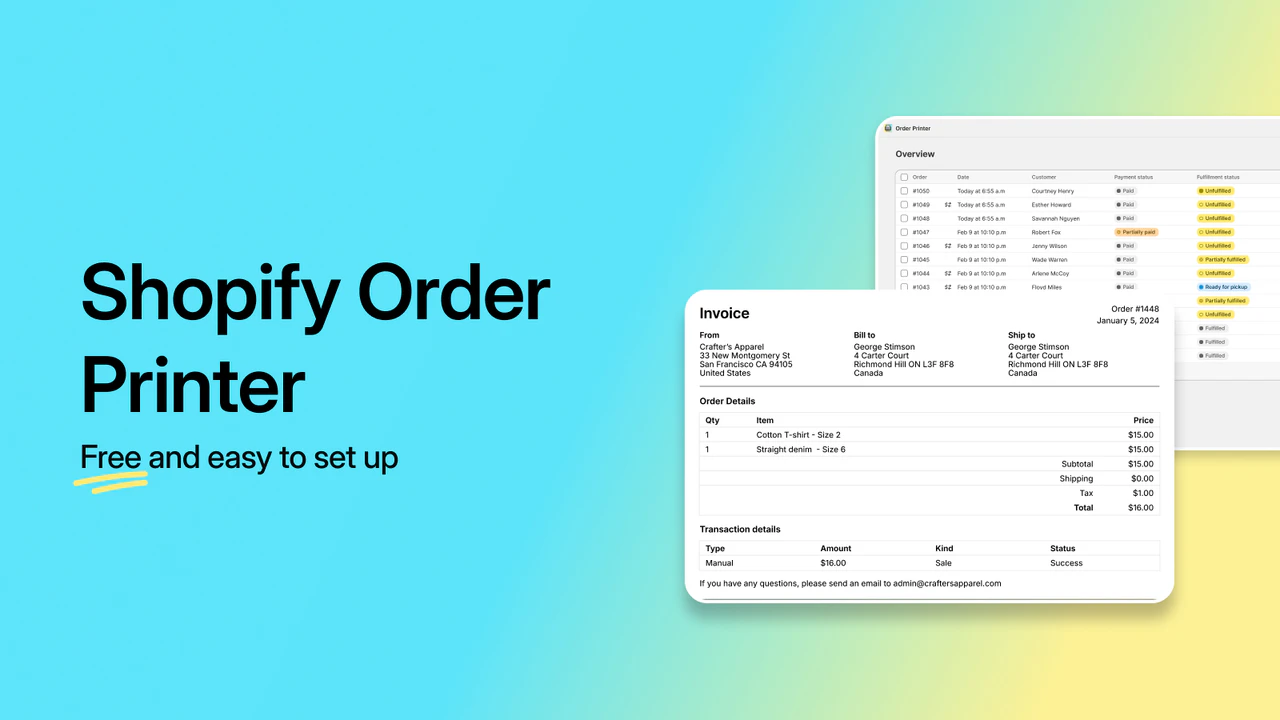 Shopify Order Printer Free and easy to set up