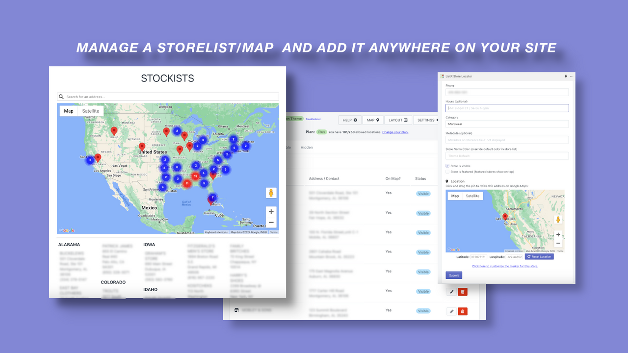 Manage a storelist/map and show anywhere on your site