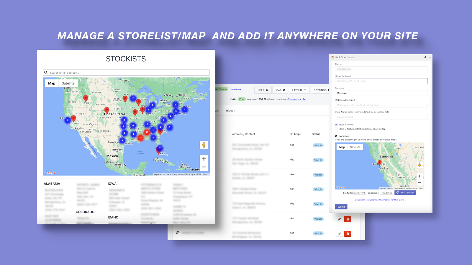 Manage a storelist/map and show anywhere on your site
