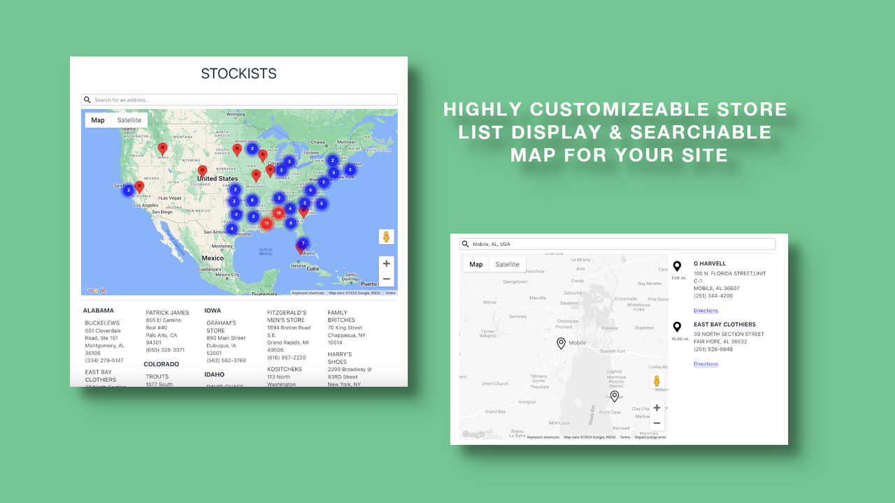 Högt anpassningsbar butikslista och sökbar karta för din webbplats