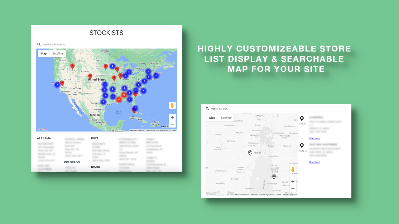 Lista de tiendas altamente personalizable y mapa buscable para tu sitio