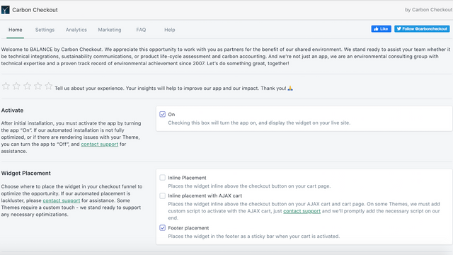 Carbon Checkout integrated dashboard home