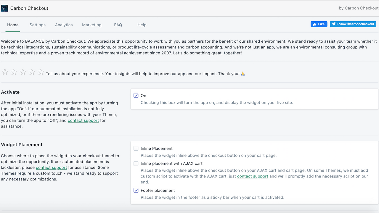 Carbon Checkout integrated dashboard home