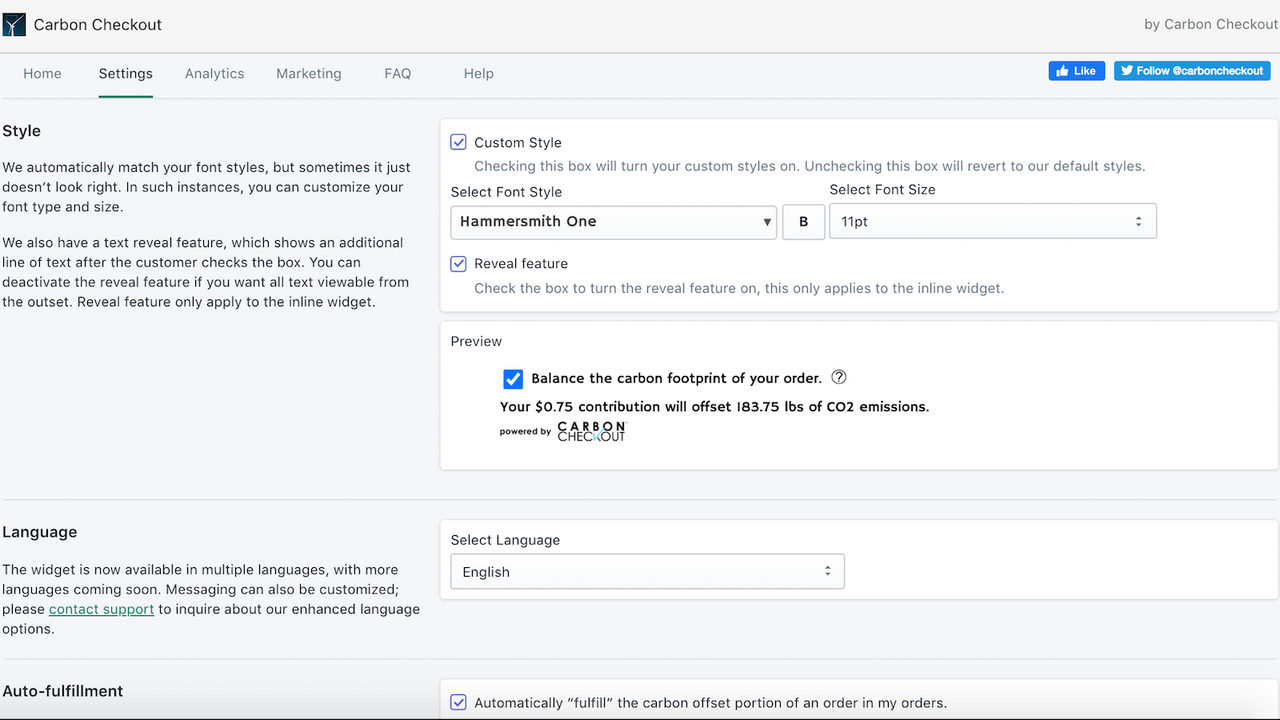 Carbon Checkout geïntegreerd dashboard instellingen