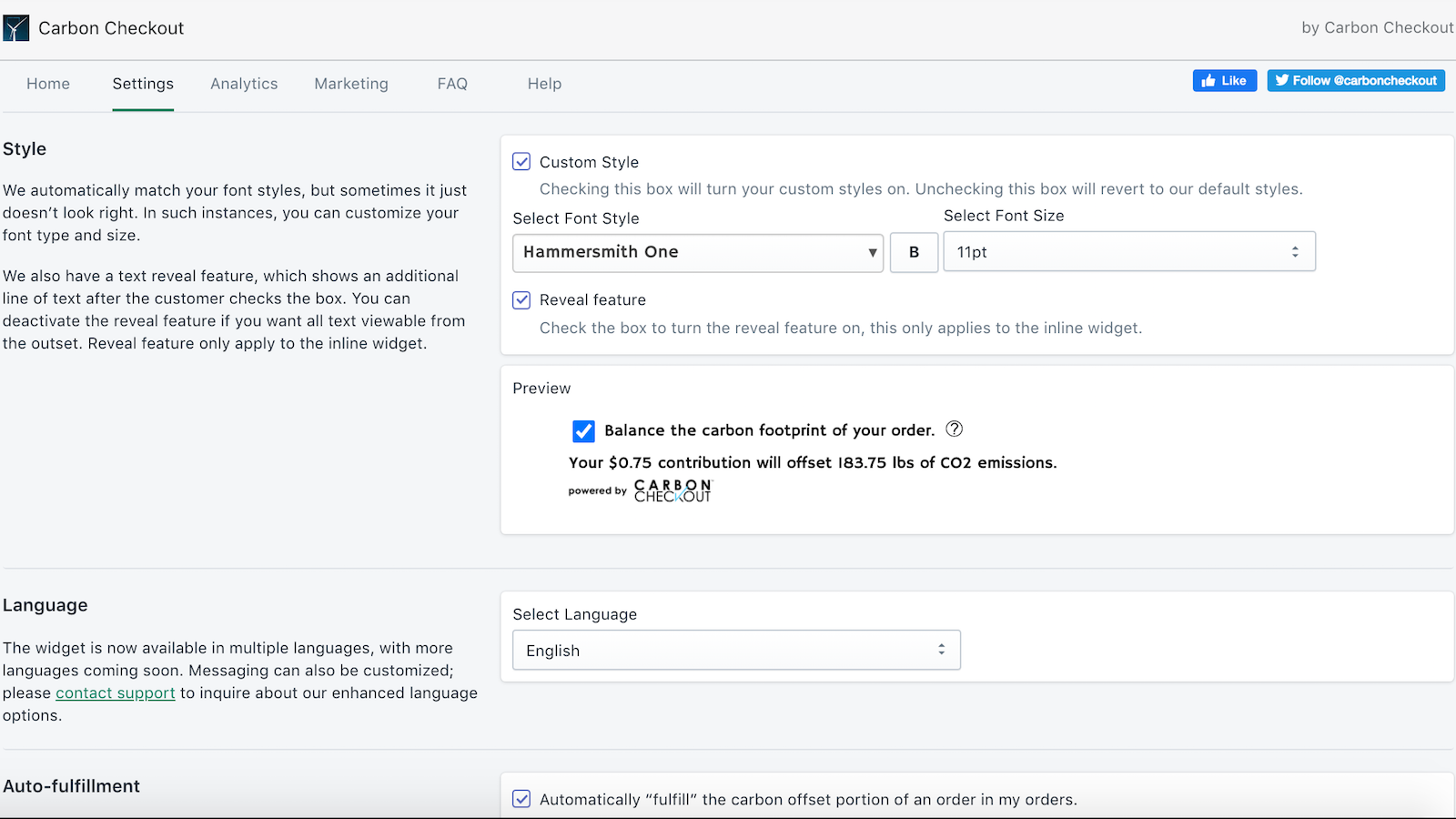 Carbon Checkout 集成的仪表板设置