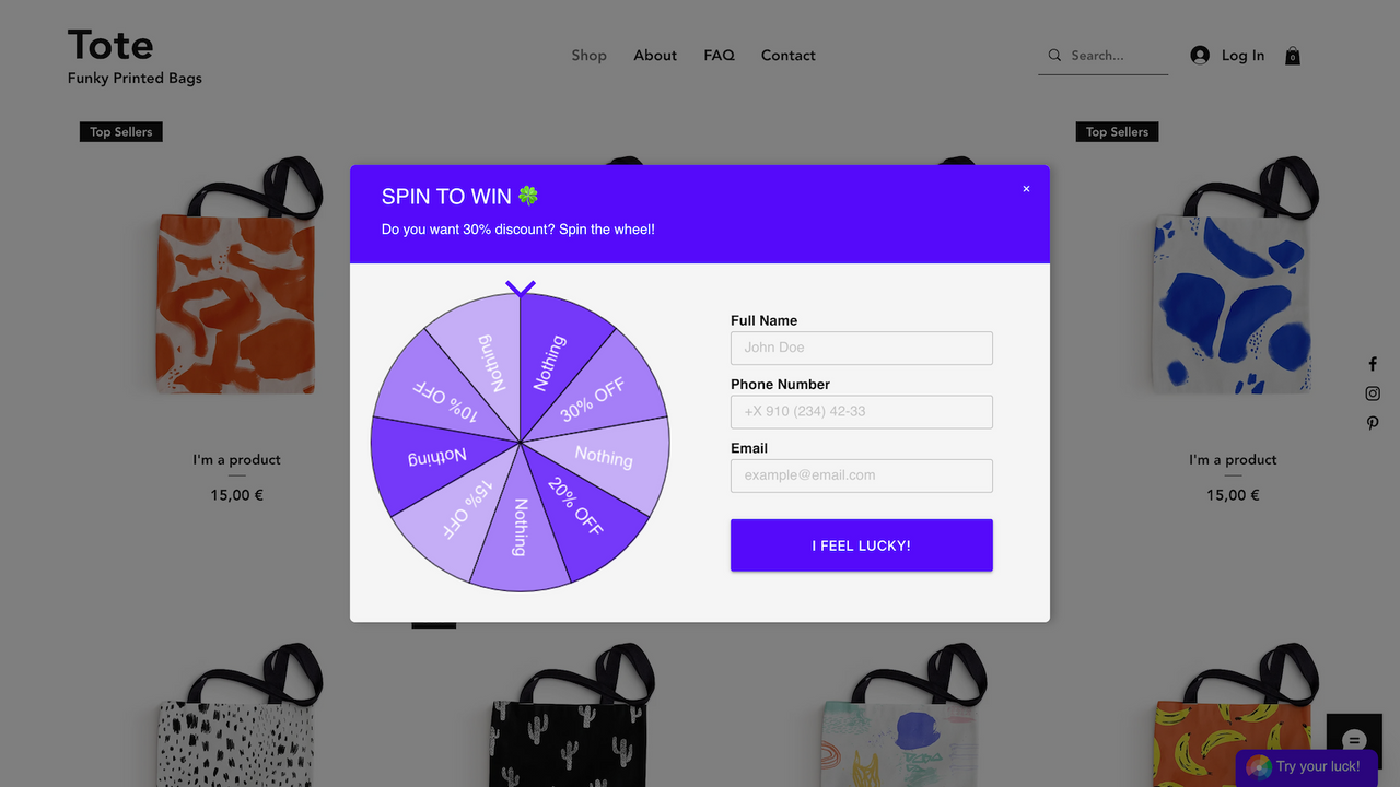 Lucky Wheel to engage customer and giving them a discount code.