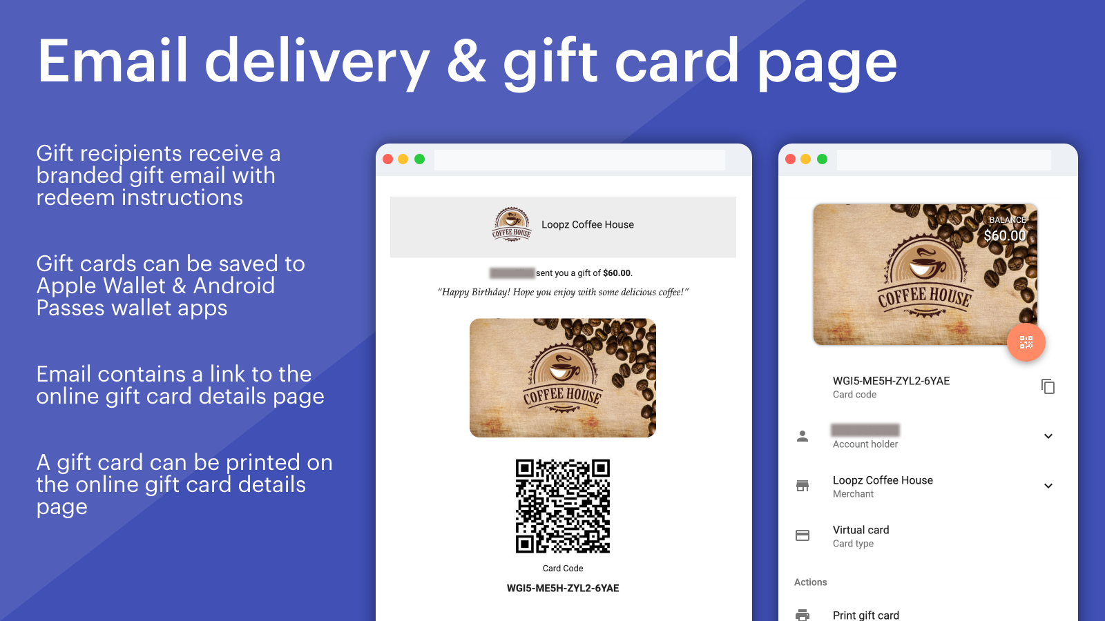 Email delivery and gift card details page