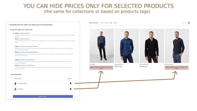 You can hide products only for selected products or collections
