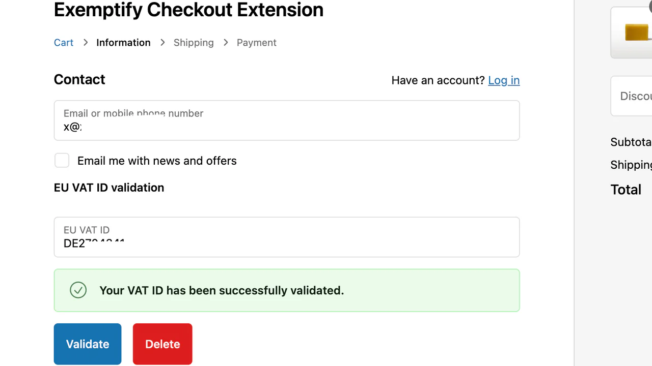 Module de validation du numéro de TVA pour le Checkout (uniquement pour les plans Shopify Plus)