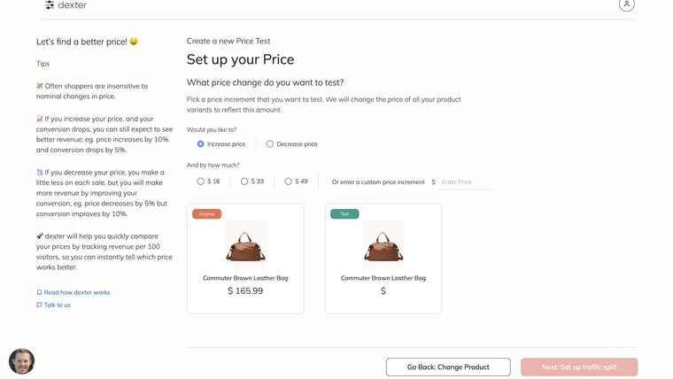 Dexter ‑ Product Price AB Test Screenshot