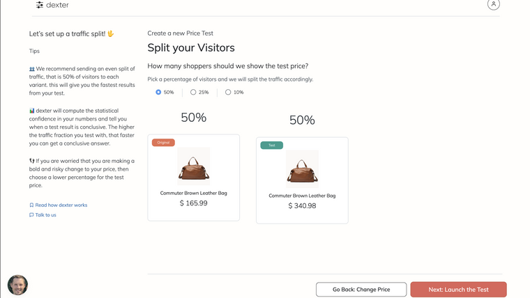 Dexter ‑ Product Price AB Test Screenshot