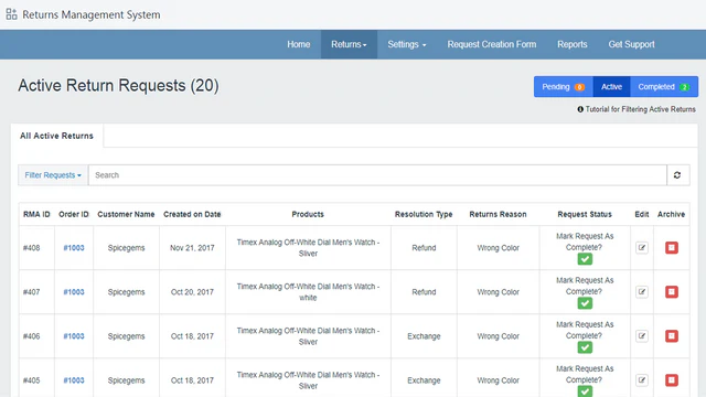 Liste over Returnerings Admin Panel - Shopify