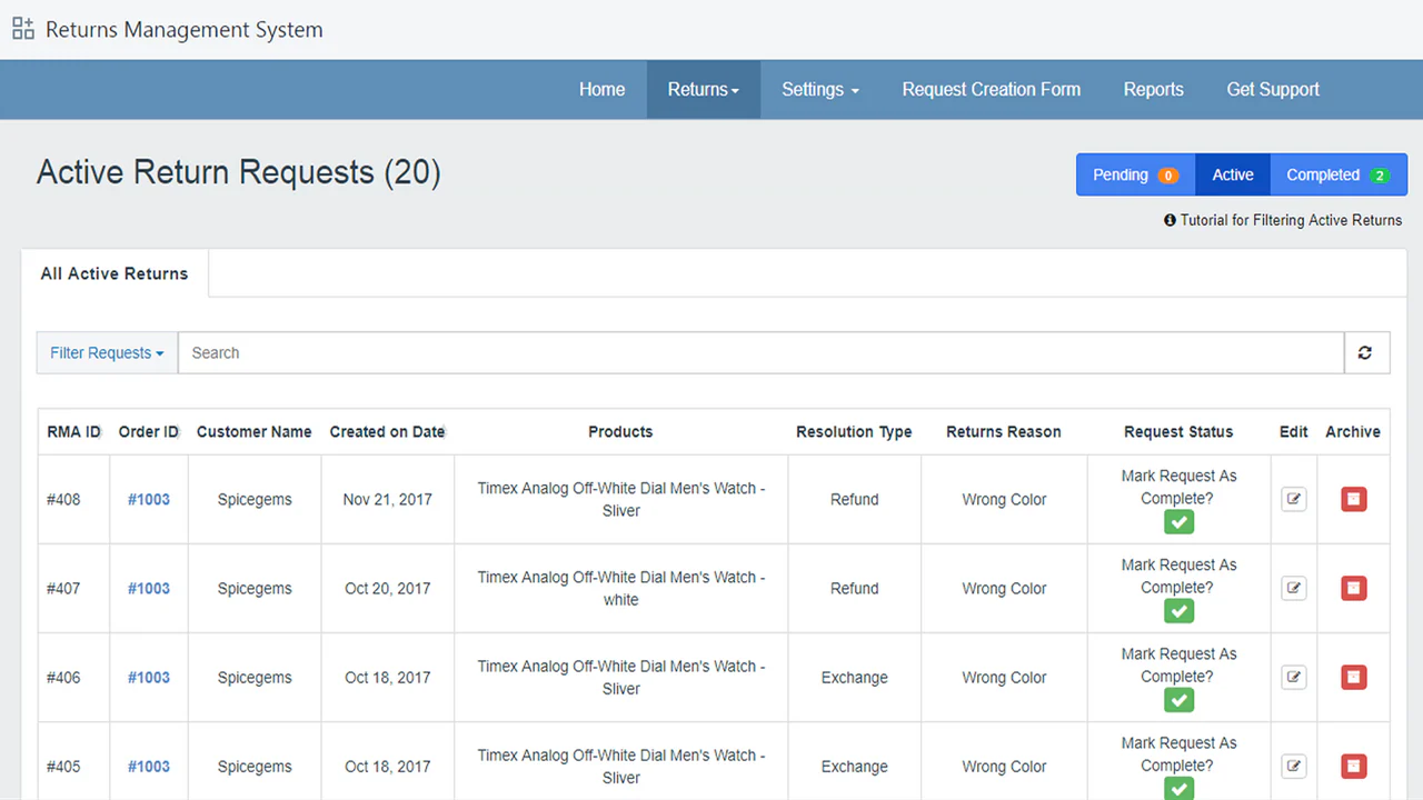 Lista do Painel de Administração de Devoluções - Shopify