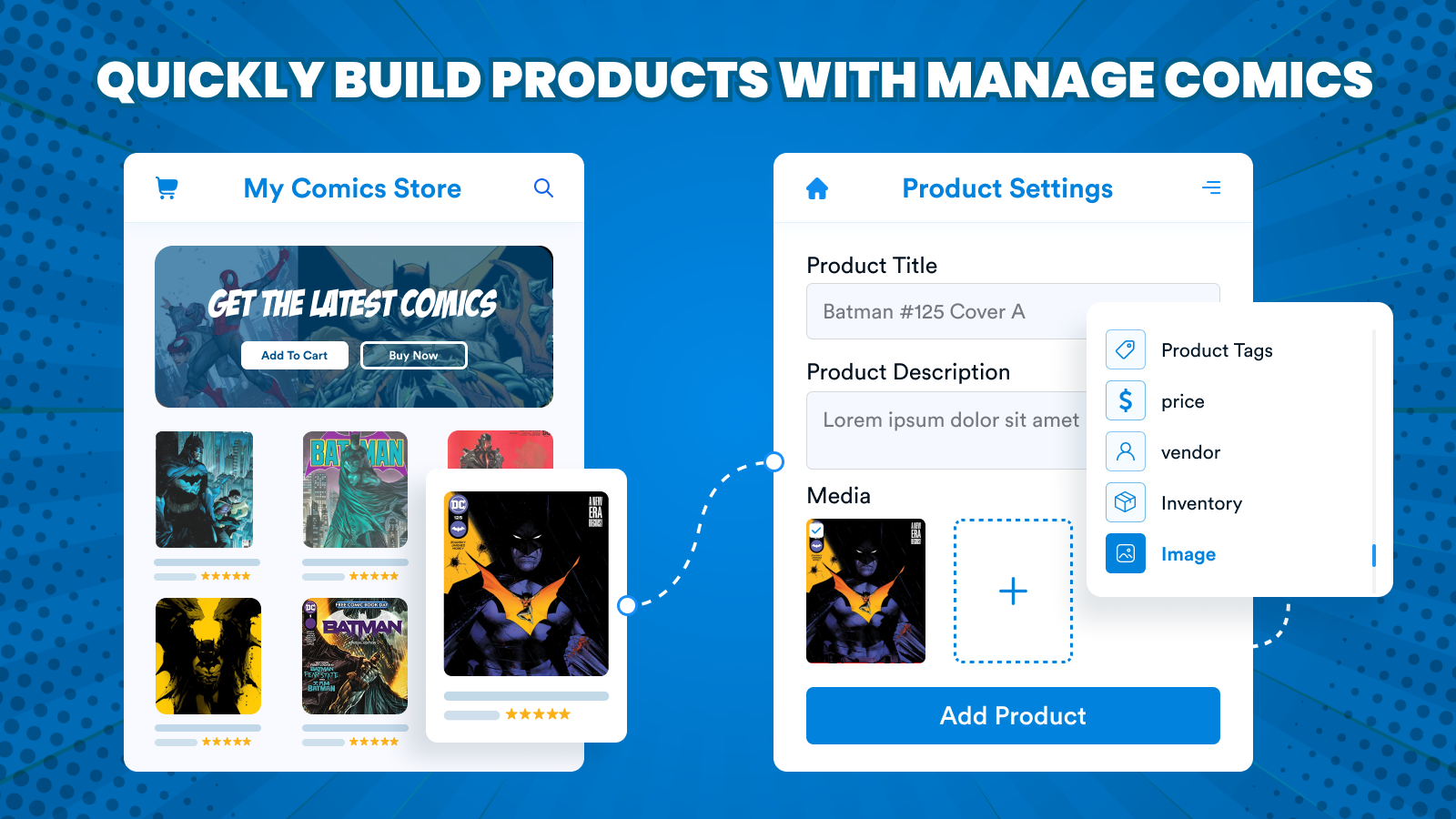 Construa produtos rapidamente com Categorias, fornecedores, tags e COGS.