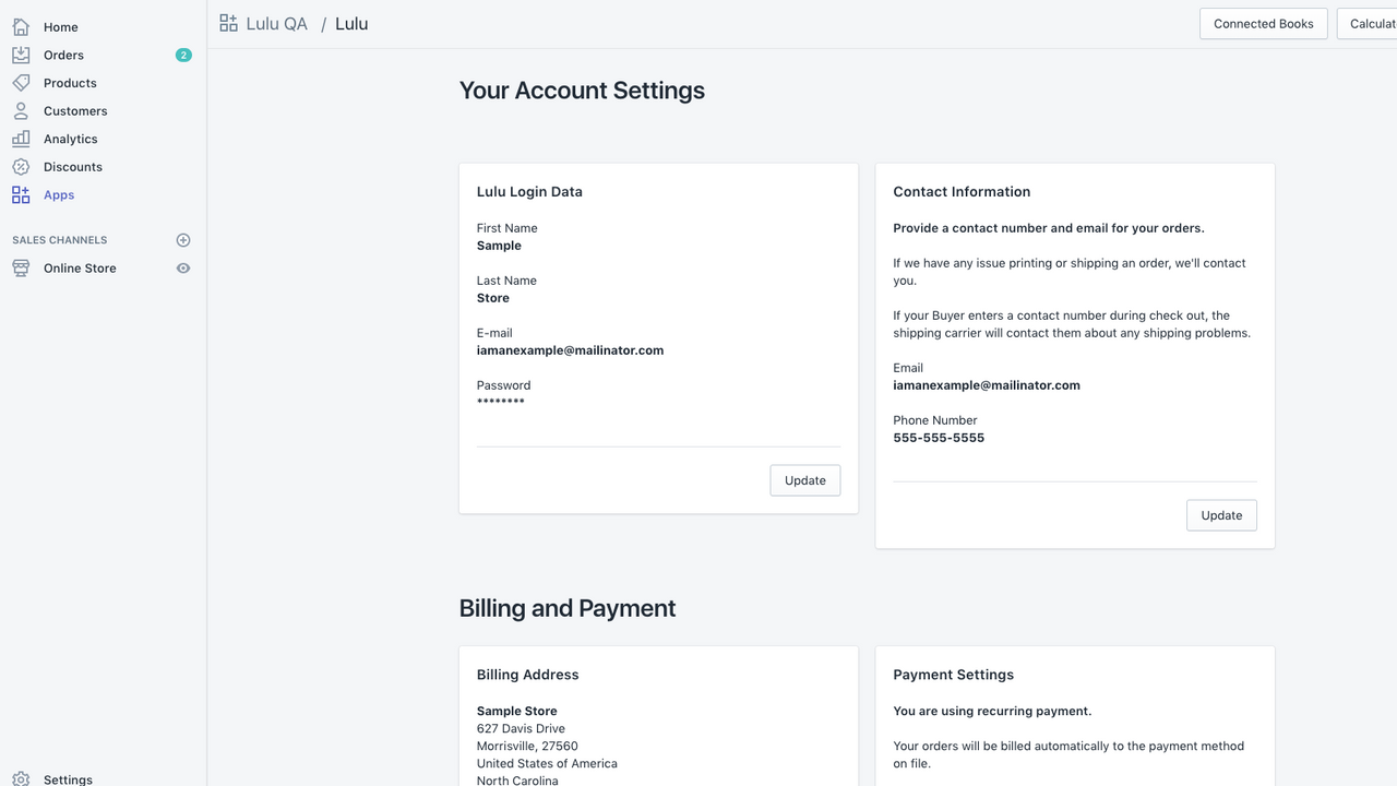 manage Lulu Direct account settings in Shopify store