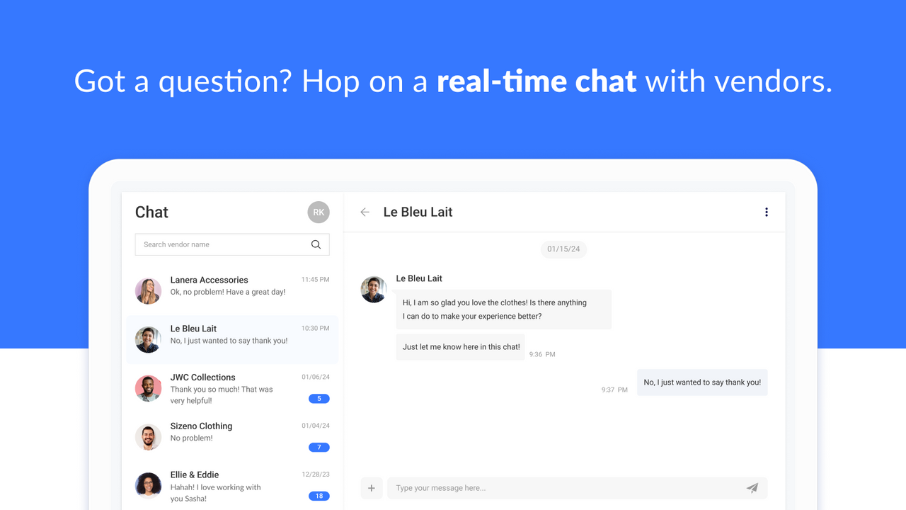 Tem uma pergunta? Desfrute de chat em tempo real com fornecedores.