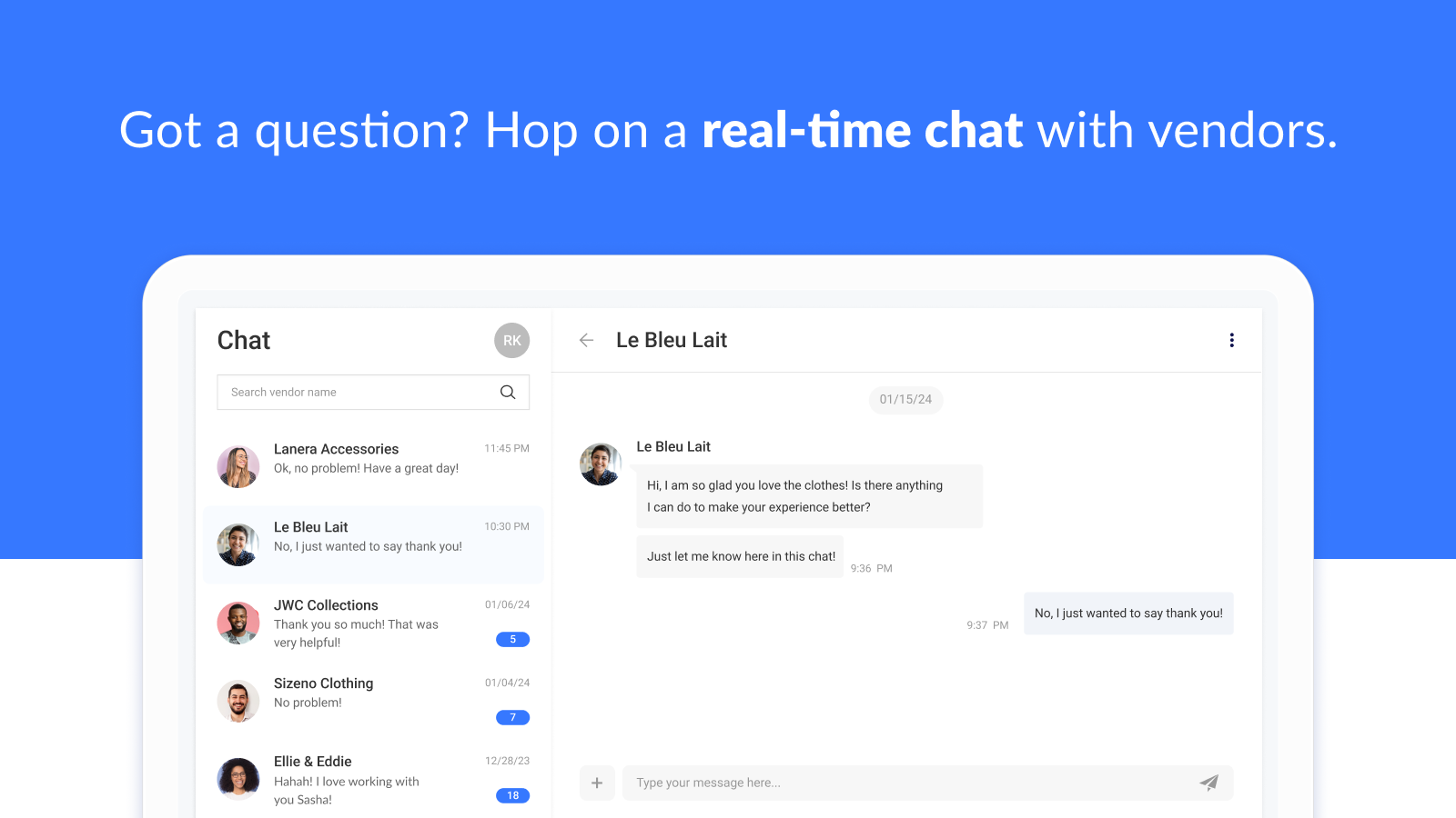 Heeft u een vraag? Geniet van real-time chat met leveranciers.