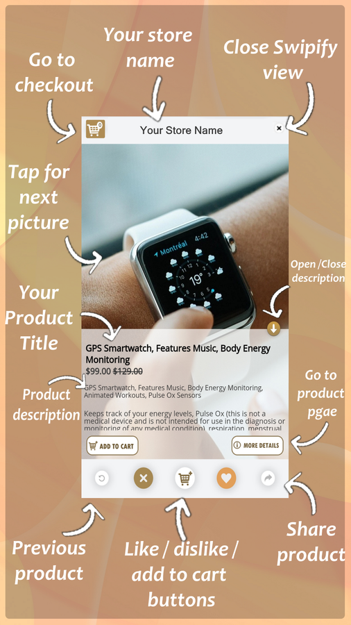 Swipify em uma tela. design de compras divertido e fácil slideshow