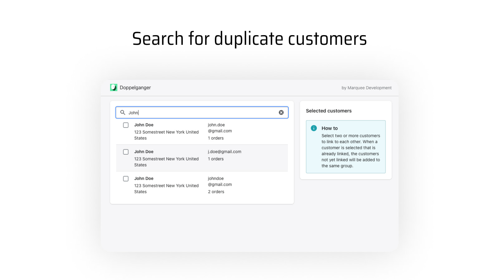 List of customers filtered by a search query in a search bar