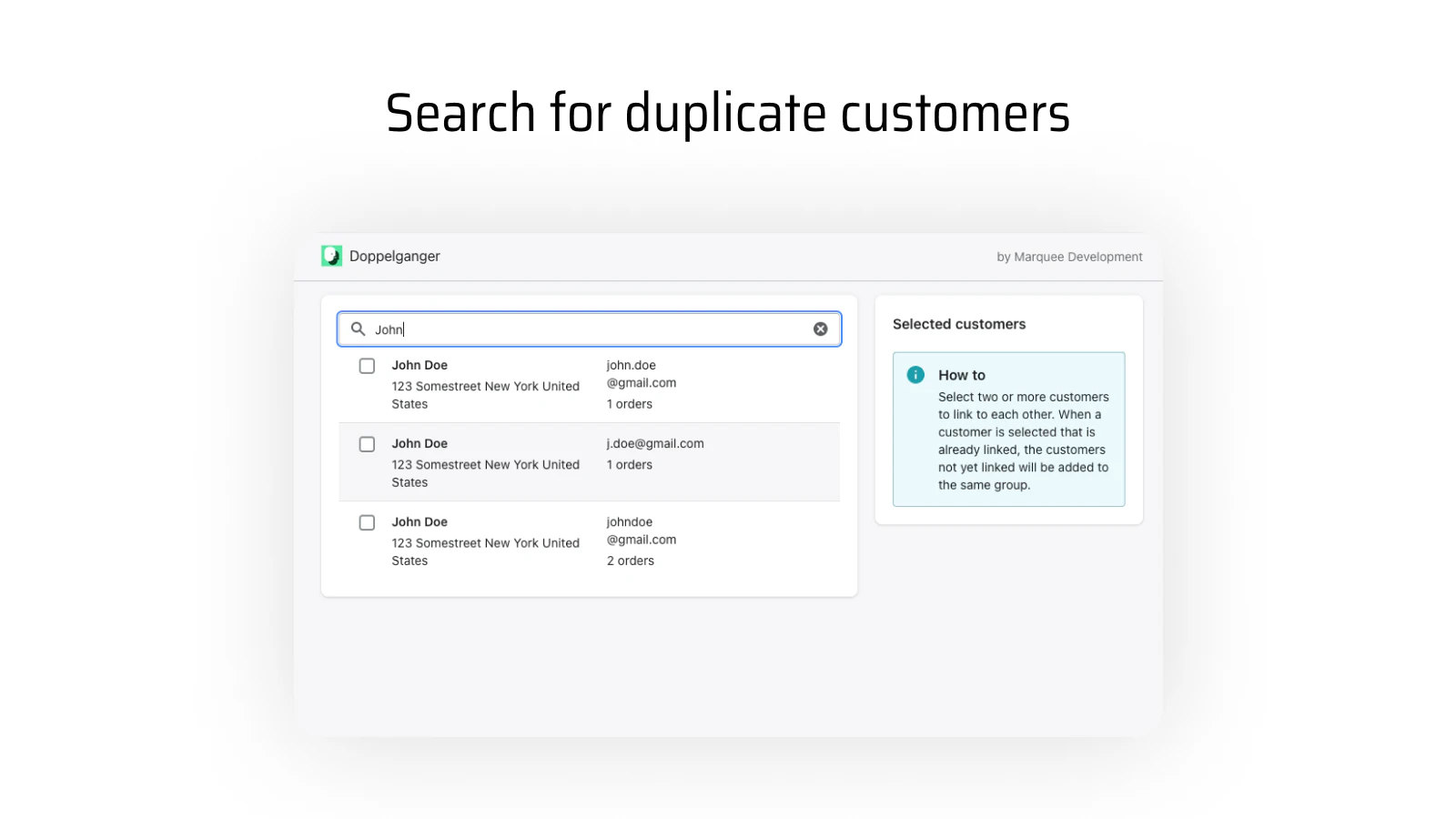 List of customers filtered by a search query in a search bar