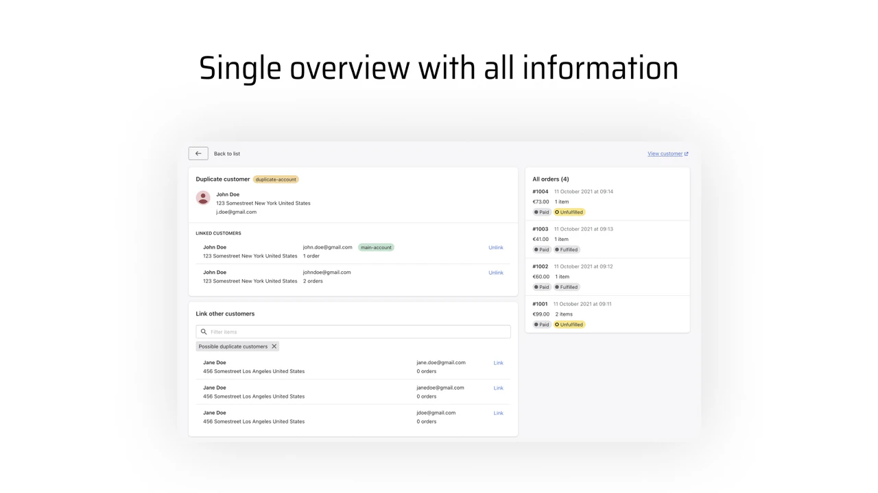 To kolonne layout med kundeinformation inklusive ordrer