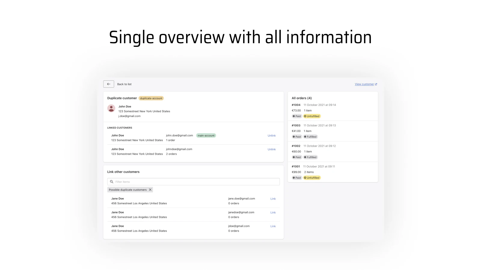 Two column layout with customer information including orders