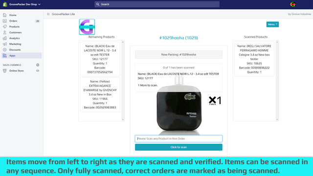 weergegeven order items bewegen van links naar rechts als barcode wordt gescand