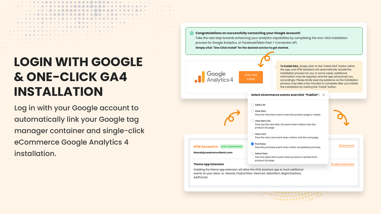 Log in met Google, installeer GA4 en schakel eCommerce-evenementen in