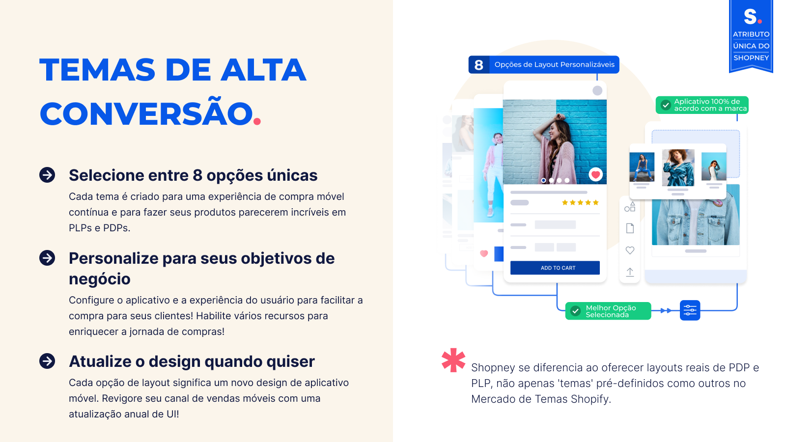 O único aplicativo móvel do Shopify com opções de tema