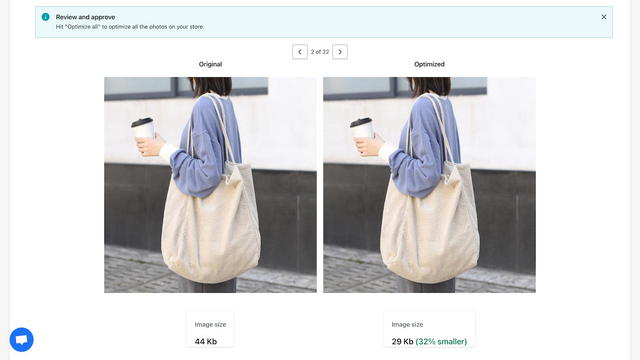 Preview your optimized image and see the file size reduction